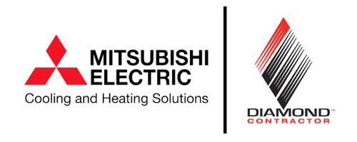 Mitsubishi Electric Cooling and Heating Solutions logo is a red triangle made of diamonds and the Diamond Contractor logo is a diamond with black and red lines