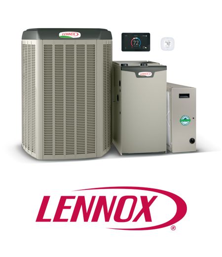 Three Lennox HVAC units and two thermostats above the Lennox logo offered by our Lennox dealer near Lowell